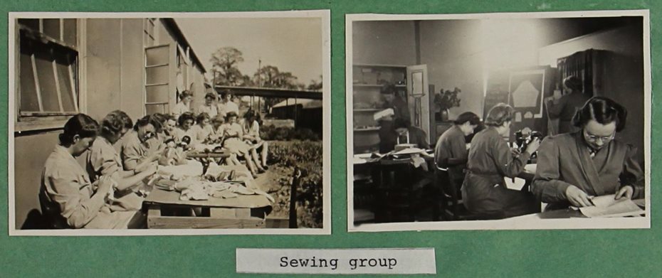 Two black and white photographs of students in a sewing class.